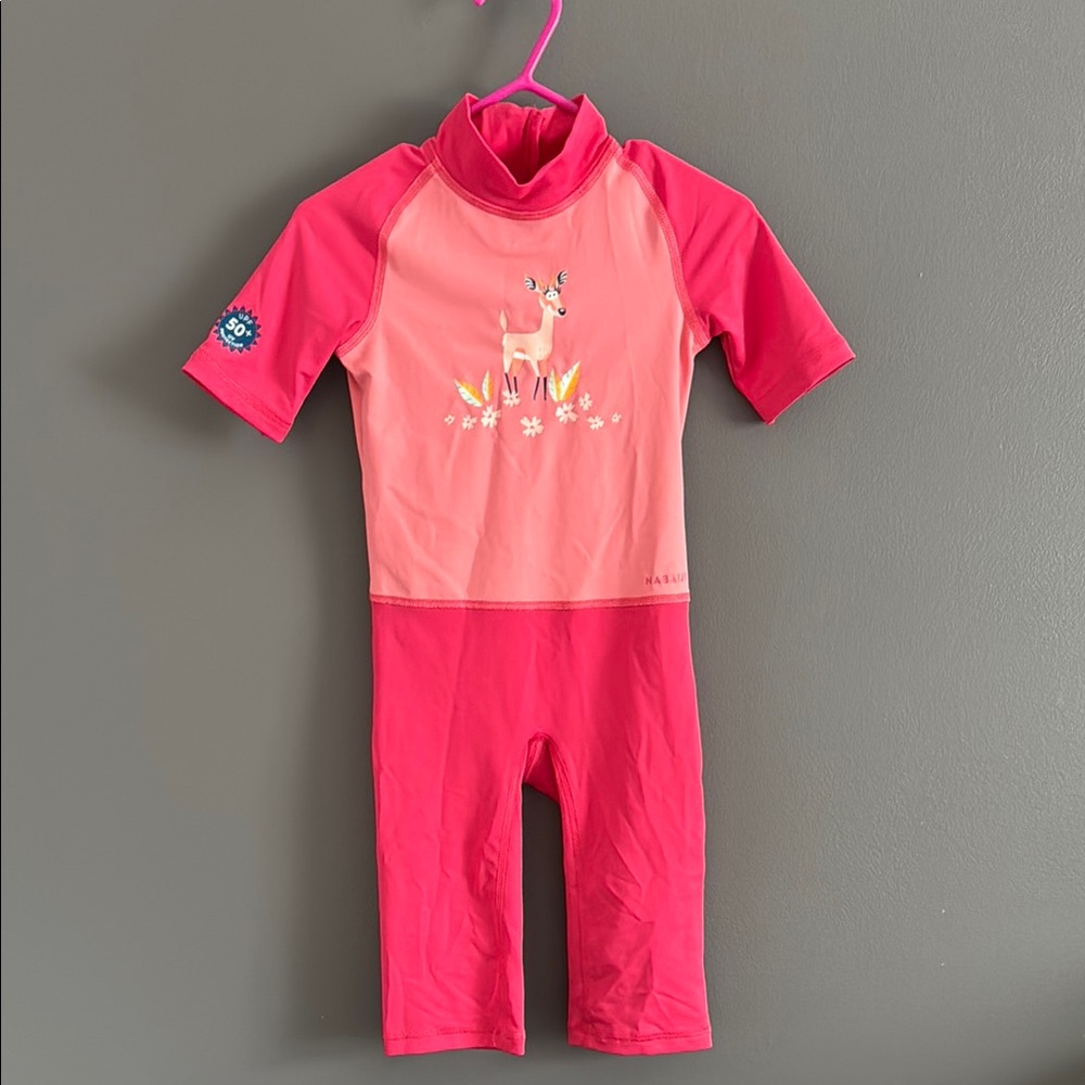 Bright Pink One Piece Swimsuit with Graphic and High Collar